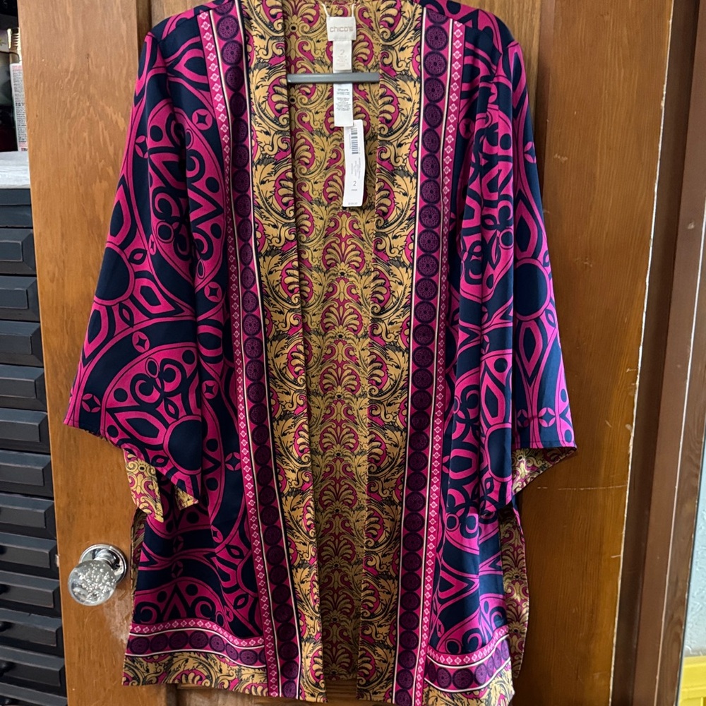 Chico's Pink and Navy Printed Kimono Cape